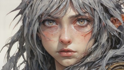 1girl,solo,long hair,looking at viewer,bangs,simple background,white background,brown eyes,jewelry,closed mouth,yellow eyes,grey hair,earrings,pointy ears,lips,eyelashes,blood,portrait,close-up,freckles,injury,blood on face,realistic,nose,traditional media,elf,messy hair