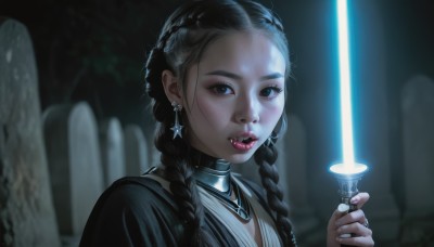 1girl,solo,long hair,looking at viewer,blue eyes,black hair,dress,holding,jewelry,upper body,weapon,braid,earrings,parted lips,teeth,choker,sword,necklace,holding weapon,blurry,black eyes,twin braids,lips,blurry background,holding sword,cross,forehead,realistic,glowing weapon,energy sword,glowing sword,lightsaber,nail polish,collar,fingernails,makeup,fangs,piercing,sharp teeth,lipstick,portrait,hair over shoulder,eyeshadow,freckles,nose,animification