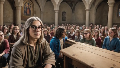 long hair,multiple girls,blonde hair,brown hair,shirt,black hair,jewelry,sitting,jacket,white hair,grey hair,multiple boys,glasses,indoors,hood,vest,lips,hoodie,facial hair,6+girls,parody,table,beard,6+boys,black-framed eyewear,realistic,crowd,smile,short hair,brown eyes,closed mouth,male focus,dark skin,necklace,sunglasses,faceless,sleeves rolled up,fine art parody