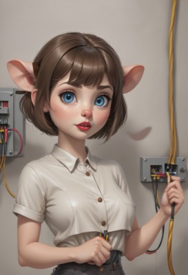 1girl,solo,breasts,looking at viewer,blush,short hair,bangs,blue eyes,skirt,brown hair,shirt,holding,animal ears,white shirt,upper body,short sleeves,small breasts,parted lips,teeth,collared shirt,belt,pants,lips,buttons,bob cut,wing collar,freckles,pocket,mouse ears,red lips,shirt tucked in,cable,breast pocket,medium breasts,eyelashes,makeup,thick eyebrows,lipstick,extra ears,nose,mascara