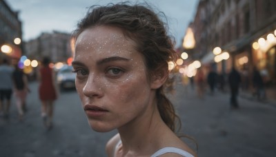 1girl,solo,long hair,looking at viewer,brown hair,black hair,dress,brown eyes,braid,outdoors,parted lips,solo focus,blurry,lips,grey eyes,depth of field,blurry background,building,portrait,freckles,realistic,nose,people,sky,day,night,messy hair,city,road,dirty,street,bokeh,crowd