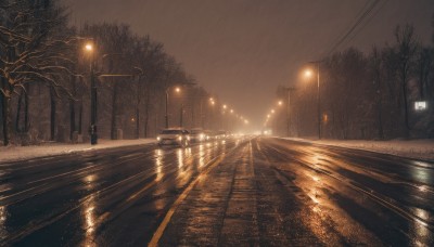 1girl,solo,1boy,standing,outdoors,sky,water,tree,dutch angle,night,ground vehicle,building,scenery,reflection,light,road,bridge,power lines,lamppost,bare tree,street,lights,railroad tracks,vanishing point,cloud,no humans,night sky,rain,dark,utility pole,puddle