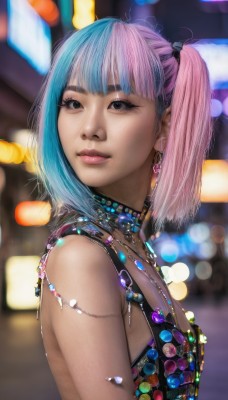 1girl,solo,looking at viewer,smile,short hair,bangs,bare shoulders,twintails,jewelry,closed mouth,blue hair,upper body,pink hair,multicolored hair,earrings,choker,necklace,blurry,black eyes,from side,two-tone hair,lips,grey eyes,eyelashes,makeup,depth of field,blurry background,web address,eyeshadow,realistic,nose,mascara,breasts,sleeveless,artist name,blunt bangs,looking to the side,watermark,lipstick,gem,bokeh