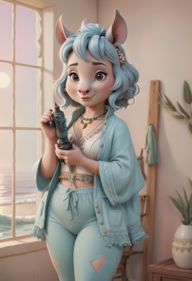 1girl,solo,breasts,looking at viewer,blush,smile,short hair,bangs,shirt,hair ornament,long sleeves,navel,holding,animal ears,cleavage,brown eyes,jewelry,medium breasts,underwear,blue hair,standing,collarbone,jacket,white shirt,cowboy shot,small breasts,frills,open clothes,midriff,pants,artist name,indoors,necklace,bra,lips,gun,window,buttons,ocean,watermark,blue shirt,plant,furry,backlighting,pajamas,furry female,blue pants,potted plant,animal nose,snout,pig ears,water,horse ears,web address,vase,deer ears