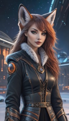 1girl,solo,long hair,breasts,looking at viewer,bangs,brown hair,long sleeves,animal ears,brown eyes,jewelry,closed mouth,upper body,earrings,outdoors,sky,belt,artist name,armor,mole,blurry,lips,coat,animal ear fluff,fur trim,fox ears,makeup,night,blurry background,lipstick,night sky,fur collar,red lips,medium breasts,jacket,signature,orange hair,fox girl,snow,snowing,realistic