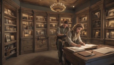 1girl,long hair,blonde hair,brown hair,shirt,long sleeves,1boy,holding,jewelry,sitting,closed eyes,white shirt,male focus,boots,multiple boys,collared shirt,pants,indoors,2boys,vest,cup,book,window,facial hair,chair,table,bottle,beard,desk,sleeves rolled up,wooden floor,paper,bookshelf,pen,lamp,photo (object),shelf,writing,counter,ceiling light,braid,suspenders,striped shirt,brown pants,ceiling