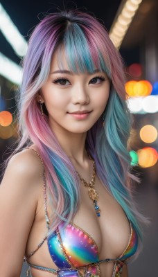 1girl,solo,long hair,breasts,looking at viewer,smile,bangs,large breasts,cleavage,bare shoulders,brown eyes,jewelry,medium breasts,closed mouth,blue hair,swimsuit,upper body,pink hair,purple hair,bikini,multicolored hair,earrings,blunt bangs,necklace,blurry,two-tone hair,lips,eyelashes,aqua hair,gradient hair,depth of field,blurry background,multicolored clothes,realistic,nose,bokeh,multicolored bikini,black hair,artist name,makeup,watermark,piercing,lipstick,bikini top only,web address,lens flare,rainbow hair