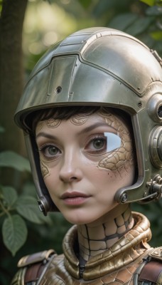 1girl,solo,looking at viewer,short hair,brown hair,brown eyes,closed mouth,green eyes,outdoors,armor,mole,blurry,tree,lips,eyelashes,mole under eye,depth of field,blurry background,leaf,helmet,plant,portrait,nature,close-up,androgynous,forest,freckles,science fiction,realistic,nose,plate armor,gorget,chainmail