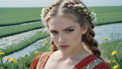 1girl,solo,long hair,looking at viewer,blonde hair,brown hair,hair ornament,closed mouth,braid,flower,outdoors,day,hair flower,water,lips,grey eyes,grass,white flower,portrait,freckles,realistic,yellow flower,nose,field,daisy,dress,brown eyes,green eyes,collarbone,upper body,mole,twin braids,head wreath,flower field