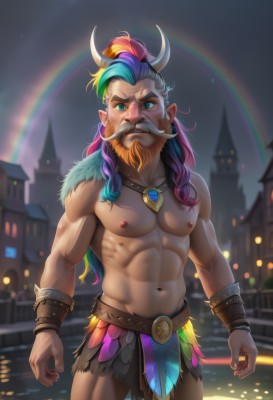 solo,long hair,looking at viewer,blue eyes,1boy,navel,jewelry,nipples,blue hair,standing,ponytail,braid,male focus,multicolored hair,cowboy shot,earrings,outdoors,horns,pointy ears,belt,artist name,necklace,stomach,orange hair,blurry,bracelet,two-tone hair,muscular,night,blurry background,facial hair,abs,thick eyebrows,feathers,pectorals,muscular male,building,gem,bara,beard,large pectorals,topless male,mature male,mustache,rainbow,loincloth,green eyes,purple hair,green hair,teeth,watermark,web address,bracer