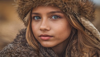 1girl,solo,long hair,looking at viewer,blue eyes,blonde hair,hat,closed mouth,green eyes,mole,blurry,lips,fur trim,eyelashes,blurry background,portrait,mole under mouth,close-up,freckles,realistic,nose,straw hat,brown hair,brown eyes