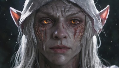 1girl,solo,long hair,looking at viewer,1boy,closed mouth,yellow eyes,white hair,male focus,pointy ears,hood,blurry,lips,orange eyes,scar,portrait,scar on face,close-up,hood up,realistic,nose,brown eyes,eyelashes,elf