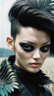 1girl,solo,looking at viewer,short hair,black hair,brown eyes,jewelry,closed mouth,green eyes,earrings,artist name,blurry,black eyes,lips,eyelashes,makeup,blurry background,piercing,feathers,lipstick,portrait,close-up,eyeshadow,realistic,nose,stud earrings,eyeliner,undercut,mascara,male focus,signature