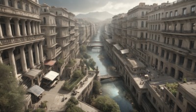 outdoors,sky,day,cloud,water,tree,no humans,window,from above,building,scenery,stairs,mountain,city,railing,road,cityscape,watercraft,architecture,house,bridge,river,boat,landscape,dock,multiple boys,sunlight