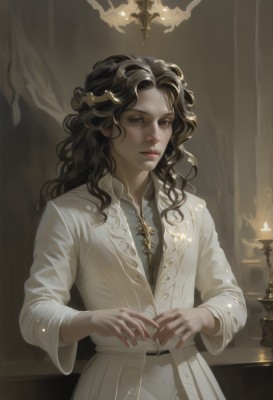 1girl,solo,long hair,looking at viewer,brown hair,shirt,black hair,hair ornament,long sleeves,brown eyes,jewelry,closed mouth,standing,upper body,male focus,cowboy shot,indoors,lips,wavy hair,curly hair,realistic,white pants,candle,bangs,1boy,white shirt,earrings,belt,signature,white robe,candlestand