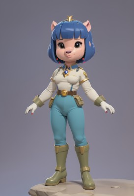 1girl,solo,breasts,looking at viewer,blush,smile,short hair,bangs,simple background,shirt,hair ornament,gloves,long sleeves,animal ears,brown eyes,jewelry,medium breasts,closed mouth,blue hair,standing,full body,white shirt,sidelocks,earrings,small breasts,boots,shiny,collared shirt,belt,pants,artist name,white gloves,signature,blunt bangs,grey background,nail polish,black eyes,shiny hair,lips,gradient,gradient background,makeup,happy,bob cut,knee boots,tiara,gem,red nails,furry,single earring,pouch,furry female,blue pants,shirt tucked in,blue gemstone,mole,mole under eye