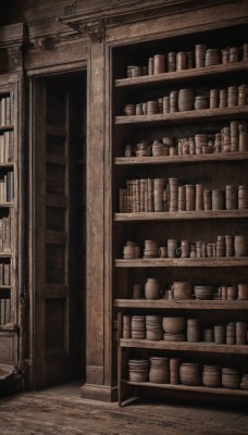 monochrome,indoors,book,no humans,bottle,scenery,bookshelf,sepia,shelf,library,shop,brown theme,jar