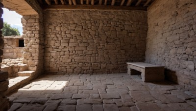 outdoors,sky,day,cloud,tree,blue sky,no humans,shadow,sunlight,scenery,stairs,road,wall,brick wall,stone floor,stone wall,brick,plant,building,door,ruins,pillar,arch,brick floor