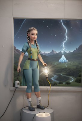 1girl,solo,long hair,looking at viewer,smile,brown hair,black hair,dress,holding,brown eyes,standing,full body,braid,short sleeves,boots,outdoors,sky,socks,belt,pants,water,twin braids,puffy short sleeves,lips,night,star (sky),night sky,hair over shoulder,cross-laced footwear,starry sky,lantern,mountain,electricity,magic,lightning,tent,breasts,shirt,puffy sleeves