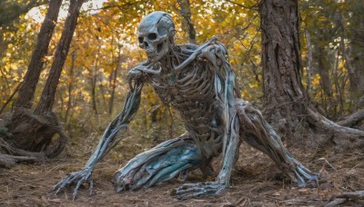 solo,outdoors,tree,no humans,kneeling,nature,claws,1other,forest,skull,monster,realistic,ribs,skeleton,bone,alien,signature