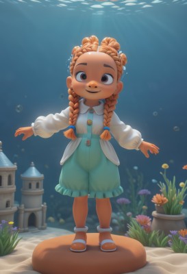 1girl,solo,long hair,looking at viewer,smile,open mouth,brown hair,shirt,long sleeves,brown eyes,standing,full body,white shirt,braid,flower,outdoors,shoes,shorts,puffy sleeves,dark skin,water,necklace,twin braids,dark-skinned female,sandals,sunlight,outstretched arms,child,puffy long sleeves,bubble,underwater,purple flower,female child,puffy shorts,coral,dress,frills,orange hair,buttons,grass,plant,air bubble