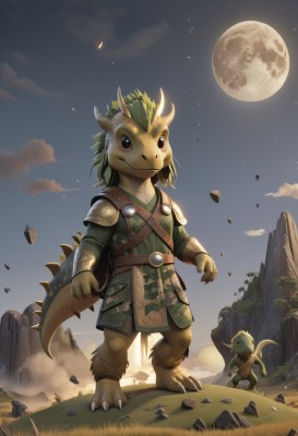 smile,red eyes,1boy,standing,tail,full body,weapon,male focus,outdoors,horns,sky,belt,cloud,armor,night,moon,grass,star (sky),night sky,claws,furry,full moon,starry sky,rock,fantasy,cape,no humans,furry male