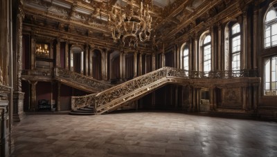 day,indoors,water,no humans,window,sunlight,scenery,stairs,door,railing,architecture,pillar,arch,chandelier,column,vanishing point,chair,table,wooden floor,fantasy,tiles,candle,tile floor,ceiling,carpet,candlestand