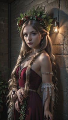 1girl,solo,long hair,breasts,looking at viewer,blue eyes,blonde hair,brown hair,hair ornament,dress,cleavage,bare shoulders,jewelry,very long hair,closed mouth,standing,braid,cowboy shot,small breasts,necklace,twin braids,bracelet,lips,fingernails,eyelashes,strapless,leaf,wavy hair,red dress,sunlight,ring,plant,gem,strapless dress,armlet,realistic,nose,shade,against wall,wall,head wreath,brick wall,dappled sunlight,stone wall,multiple braids,brown eyes,medium breasts