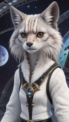 solo,looking at viewer,shirt,long sleeves,brown eyes,jewelry,white shirt,upper body,belt,signature,no humans,animal,cat,brooch,gem,star (sky),furry,starry sky,space,body fur,animal focus,white fur,planet,whiskers,earth (planet),1girl,breasts,animal ears,closed mouth,yellow eyes,animal ear fluff,realistic