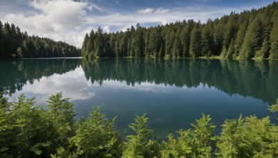 outdoors,sky,day,cloud,water,tree,blue sky,no humans,cloudy sky,nature,scenery,forest,reflection,mountain,river,landscape,lake,grass,fantasy,moss,reflective water