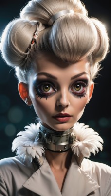 1girl,solo,looking at viewer,short hair,blonde hair,hair ornament,brown eyes,closed mouth,yellow eyes,upper body,white hair,choker,artist name,signature,hair bun,collar,lips,fur trim,eyelashes,double bun,makeup,lipstick,portrait,eyeshadow,realistic,nose,red lips,eyeliner,mascara,jewelry,multicolored hair,earrings,two-tone hair,facial mark,feathers,black background,backlighting,facepaint