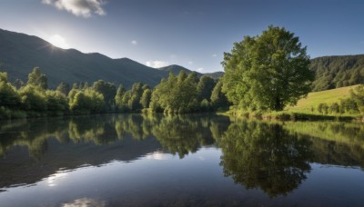 outdoors,sky,day,cloud,water,tree,blue sky,no humans,sunlight,cloudy sky,grass,nature,scenery,forest,reflection,mountain,sun,river,landscape,lake,reflective water,moon,sunrise