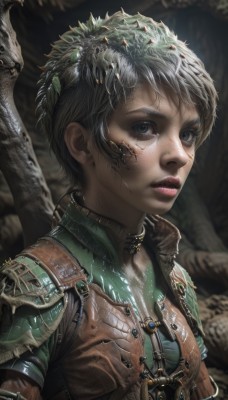 1girl,solo,breasts,looking at viewer,short hair,black hair,upper body,grey hair,parted lips,armor,blurry,black eyes,vest,lips,grey eyes,eyelashes,blurry background,scar,freckles,nose,very short hair,leather,wings,teeth,choker,makeup,glowing,science fiction,realistic,fantasy,dragon,cyborg