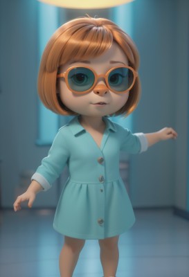 1girl,solo,looking at viewer,smile,short hair,open mouth,bangs,brown hair,dress,standing,full body,parted lips,shoes,glasses,teeth,indoors,blurry,lips,buttons,blurry background,blue dress,sunglasses,child,furry,round eyewear,furry female,female child,tinted eyewear,buck teeth,orange-tinted eyewear,blue eyes,shirt,barefoot,artist name,loli,freckles