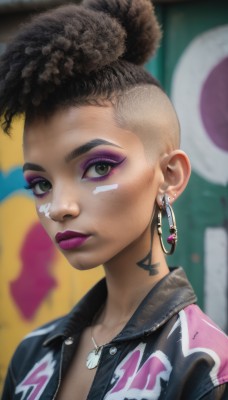 1girl,solo,looking at viewer,short hair,brown hair,black hair,brown eyes,jewelry,closed mouth,green eyes,jacket,upper body,earrings,open clothes,dark skin,necklace,hair bun,blurry,open jacket,dark-skinned female,lips,black jacket,eyelashes,tattoo,makeup,blurry background,single hair bun,lipstick,eyeshadow,hoop earrings,realistic,nose,eyeliner,facepaint,leather,purple lips,leather jacket,mascara,dreadlocks,facial mark,portrait,very short hair,undercut,facial tattoo,very dark skin,neck tattoo