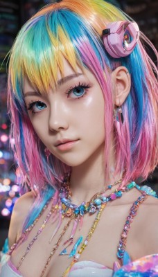 1girl,solo,breasts,looking at viewer,short hair,bangs,blue eyes,blonde hair,hair ornament,cleavage,bare shoulders,jewelry,medium breasts,closed mouth,blue hair,collarbone,upper body,pink hair,multicolored hair,earrings,necklace,blurry,two-tone hair,lips,eyelashes,gradient hair,makeup,depth of field,blurry background,piercing,gem,ear piercing,portrait,eyeshadow,pink lips,realistic,nose,mascara,artist name,nail polish,streaked hair,watermark,eyeliner,bokeh