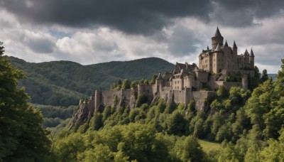 outdoors,sky,day,cloud,tree,blue sky,no humans,cloudy sky,building,nature,scenery,forest,mountain,castle,tower,landscape,fantasy,cliff