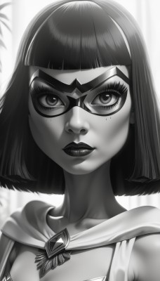 1girl,solo,breasts,looking at viewer,short hair,bangs,cleavage,jewelry,medium breasts,closed mouth,collarbone,monochrome,upper body,greyscale,artist name,blunt bangs,cape,mole,lips,eyelashes,makeup,mask,bob cut,lipstick,portrait,nose,superhero,domino mask,teeth,mole under eye,thick eyebrows,realistic