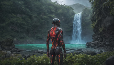 solo, 1boy, standing, male focus, outdoors, water, from behind, tree, nature, scenery, forest, science fiction, rock, realistic, river, waterfall