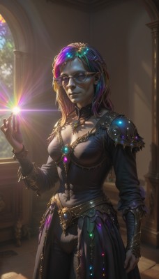 1girl,solo,long hair,breasts,looking at viewer,brown hair,hair ornament,long sleeves,dress,cleavage,jewelry,medium breasts,closed mouth,standing,purple hair,multicolored hair,cowboy shot,glasses,indoors,hand up,necklace,armor,two-tone hair,lips,glowing,watermark,sunlight,sunglasses,ring,shoulder armor,gem,web address,backlighting,arm at side,pauldrons,realistic,nose,tinted eyewear,blue eyes,blue hair,artist name,window,fantasy,magic