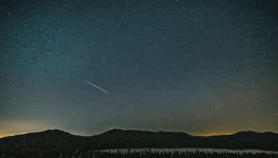 outdoors,sky,tree,no humans,night,grass,star (sky),nature,night sky,scenery,forest,starry sky,sunset,mountain,landscape,mountainous horizon,shooting star,hill,cloud,star (symbol)