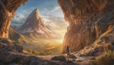 1girl,solo,long hair,brown hair,shirt,black hair,long sleeves,standing,white shirt,outdoors,sky,day,cloud,bag,from behind,tree,blue sky,sunlight,cloudy sky,grass,nature,scenery,walking,sunset,rock,mountain,fantasy,facing away,wide shot,landscape,mountainous horizon,cliff,skirt,sun