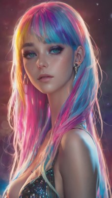 1girl,solo,long hair,breasts,looking at viewer,bangs,blue eyes,blonde hair,dress,cleavage,bare shoulders,jewelry,medium breasts,green eyes,blue hair,upper body,pink hair,multicolored hair,earrings,parted lips,artist name,mole,from side,two-tone hair,aqua eyes,lips,eyelashes,gradient hair,makeup,eyeshadow,freckles,mole on breast,realistic,nose,mascara,underwear,blunt bangs,necklace,bra,black dress,gradient,looking to the side,mole under eye,aqua hair,watermark,thick eyebrows,black bra,web address,light particles,lens flare,pink lips,eyeliner