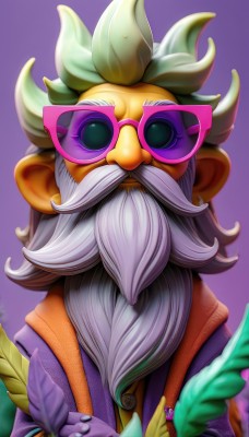 solo,looking at viewer,simple background,gloves,long sleeves,1boy,holding,green eyes,jacket,upper body,white hair,grey hair,male focus,open clothes,artist name,blurry,open jacket,facial hair,leaf,sunglasses,beard,purple background,mustache,purple jacket,tinted eyewear,old,old man,long hair,smile,bangs,shirt,jewelry,glasses,medium hair,vest,gradient,gradient background,watermark,ring,feathers,facing viewer,web address,brown jacket,round eyewear