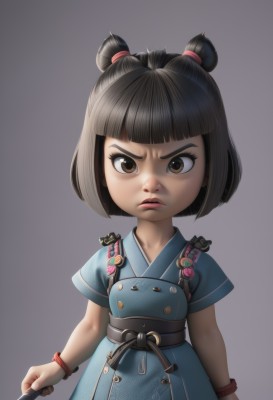 1girl,solo,looking at viewer,short hair,bangs,simple background,brown hair,black hair,dress,holding,brown eyes,jewelry,closed mouth,standing,upper body,weapon,short sleeves,japanese clothes,belt,blunt bangs,grey background,holding weapon,bracelet,lips,buttons,blue dress,frown,child,serious,female child,sword,hair bun,armor,double bun,nose,badge