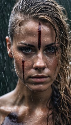 1girl,solo,long hair,looking at viewer,blonde hair,brown hair,brown eyes,closed mouth,blurry,lips,wet,scar,facial mark,portrait,close-up,rain,realistic,nose,wet hair,1boy,green eyes,water,blood,facial hair,water drop