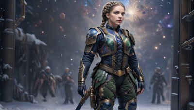 1girl,long hair,breasts,blue eyes,brown hair,gloves,standing,weapon,braid,outdoors,multiple boys,solo focus,belt,pants,sword,fingerless gloves,armor,blurry,vest,lips,gun,single braid,makeup,night,depth of field,blurry background,lipstick,shoulder armor,sheath,rifle,snow,clenched hands,sheathed,snowing,realistic,fireworks,green pants,solo,helmet,winter