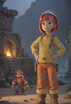 1girl,smile,short hair,bangs,brown hair,shirt,long sleeves,brown eyes,closed mouth,standing,jacket,full body,weapon,red hair,boots,outdoors,sky,collared shirt,pants,water,bag,orange hair,night,brown footwear,backpack,grass,fire,plant,goggles,child,night sky,hands on hips,pouch,yellow shirt,rock,holster,looking at viewer,1boy,holding,lips,moon,tiara