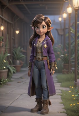 1girl,solo,long hair,looking at viewer,brown hair,shirt,hair ornament,gloves,long sleeves,brown eyes,jewelry,standing,collarbone,jacket,full body,earrings,boots,outdoors,parted lips,open clothes,pointy ears,belt,pants,fingerless gloves,necklace,blurry,lips,coat,depth of field,blurry background,brown footwear,plant,denim,elf,grey shirt,buckle,brown gloves,pendant,cross-laced footwear,walking,open coat,jeans,lantern,belt buckle,arms at sides,potted plant,road,lamp,lamppost,long coat,smile,braid,flat chest,book,grass,single glove,ankle boots,brown belt,leather