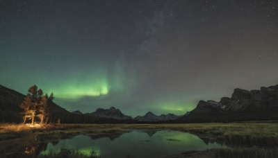 outdoors,sky,water,tree,no humans,night,grass,star (sky),nature,night sky,scenery,starry sky,reflection,mountain,river,landscape,lake,campfire,aurora,milky way